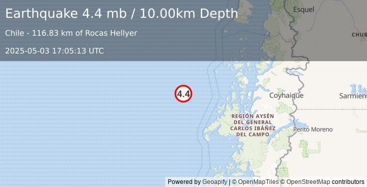 Earthquake 288 km W of Puerto Chacabuco, Chile (4.4 mb) (2025-05-03 17:05:13 UTC)
