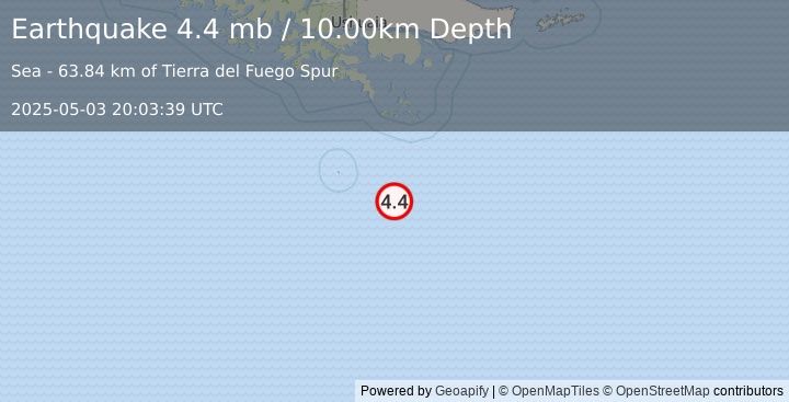 Earthquake 228 km SSE of Ushuaia, Argentina (4.4 mb) (2025-05-03 20:03:39 UTC)