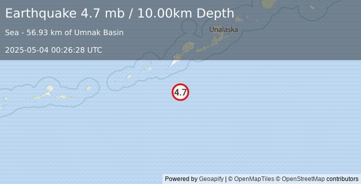 Earthquake 85 km SSE of Nikolski, Alaska (4.7 mb) (2025-05-04 00:26:28 UTC)