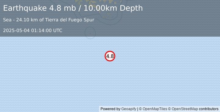 Earthquake 294 km SSE of Ushuaia, Argentina (4.8 mb) (2025-05-04 01:14:00 UTC)