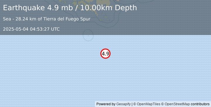 Earthquake 276 km SSE of Ushuaia, Argentina (4.9 mb) (2025-05-04 04:53:27 UTC)