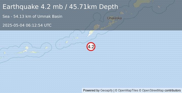 Earthquake 64 km SSE of Nikolski, Alaska (4.2 mb) (2025-05-04 06:12:54 UTC)
