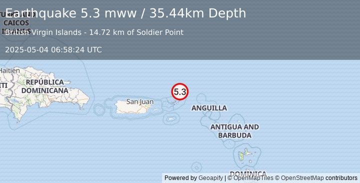 Earthquake 76 km NE of Cruz Bay, U.S. Virgin Islands (5.3 mww) (2025-05-04 06:58:24 UTC)