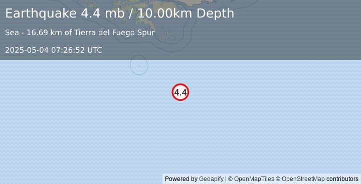 Earthquake 273 km SSE of Ushuaia, Argentina (4.4 mb) (2025-05-04 07:26:52 UTC)