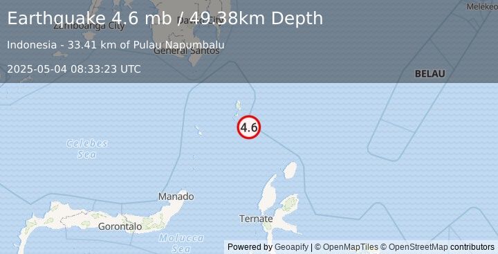 Earthquake 236 km NNW of Tobelo, Indonesia (4.6 mb) (2025-05-04 08:33:23 UTC)