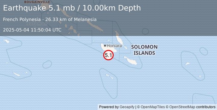 Earthquake 71 km SE of Malango, Solomon Islands (5.1 mb) (2025-05-04 11:50:04 UTC)