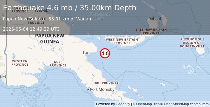 Earthquake 69 km ESE of Finschhafen, Papua New Guinea (4.6 mb) (2025-05-04 12:49:29 UTC)