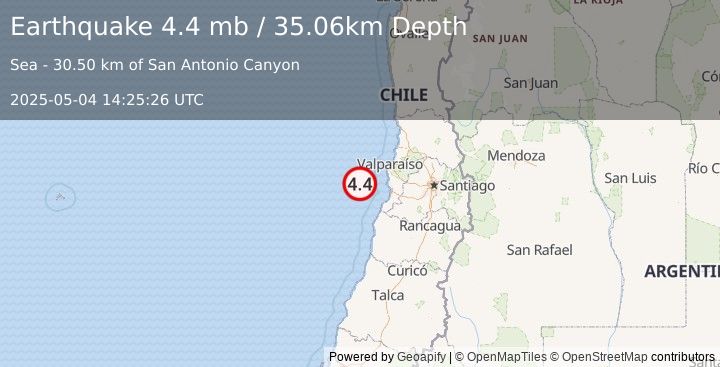 Earthquake 64 km WNW of Cartagena, Chile (4.4 mb) (2025-05-04 14:25:26 UTC)