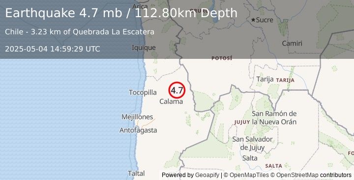 Earthquake 57 km NNE of Calama, Chile (4.7 mb) (2025-05-04 14:59:29 UTC)