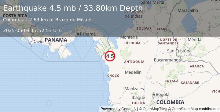 Earthquake 14 km WSW of Riosucio, Colombia (4.5 mb) (2025-05-04 17:52:53 UTC)