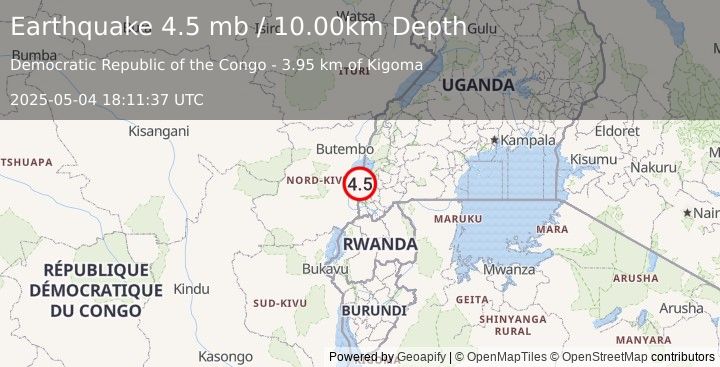 Earthquake 26 km N of Ntungamo, Uganda (4.5 mb) (2025-05-04 18:11:37 UTC)
