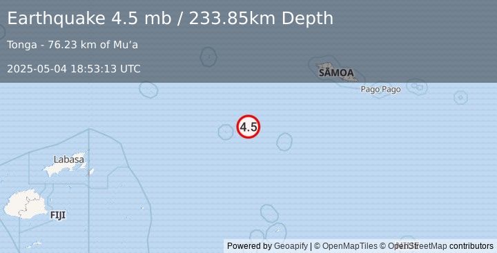 Earthquake 133 km WNW of Hihifo, Tonga (4.5 mb) (2025-05-04 18:53:13 UTC)