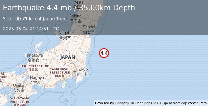 Earthquake 102 km ESE of Iwaki, Japan (4.4 mb) (2025-05-04 21:14:51 UTC)