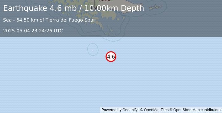 Earthquake 224 km SSE of Ushuaia, Argentina (4.6 mb) (2025-05-04 23:24:26 UTC)