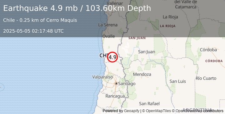 Earthquake 9 km SSE of Salamanca, Chile (4.9 mb) (2025-05-05 02:17:48 UTC)