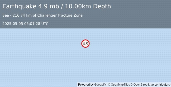 Earthquake southern East Pacific Rise (4.9 mb) (2025-05-05 05:01:28 UTC)