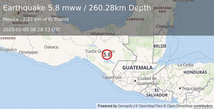 Earthquake 3 km NNW of Mariano Matamoros, Mexico (5.8 mww) (2025-05-05 08:28:13 UTC)