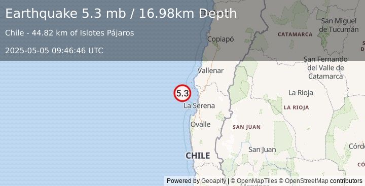 Earthquake 84 km NW of Coquimbo, Chile (5.3 mb) (2025-05-05 09:46:46 UTC)