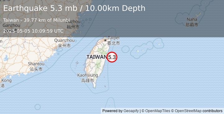 Earthquake 43 km E of Hualien City, Taiwan (5.3 mb) (2025-05-05 10:09:59 UTC)