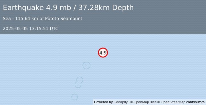 Earthquake Kermadec Islands region (4.9 mb) (2025-05-05 13:15:51 UTC)