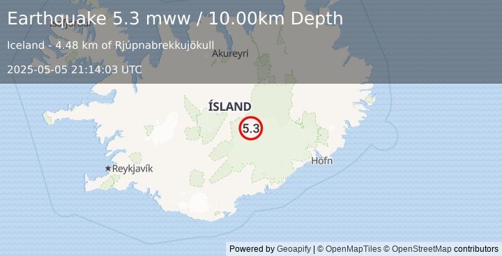 Earthquake 114 km SSE of Akureyri, Iceland (5.3 mww) (2025-05-05 21:14:03 UTC)