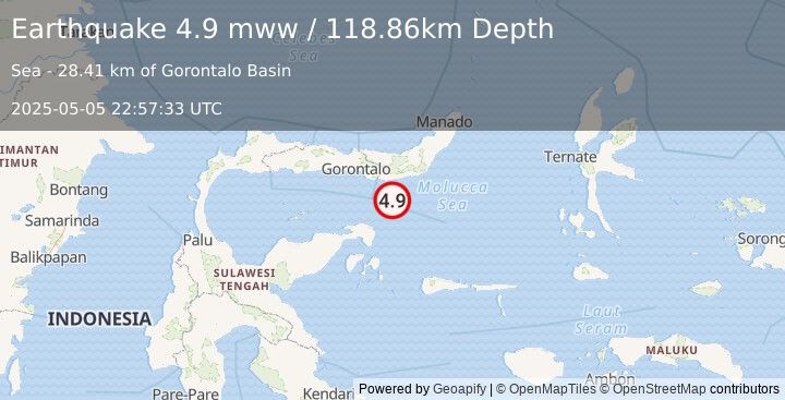 Earthquake 93 km SW of Modisi, Indonesia (4.9 mww) (2025-05-05 22:57:33 UTC)