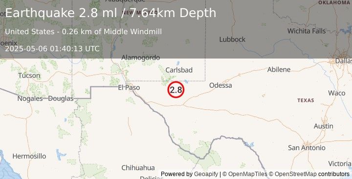 Earthquake 55 km S of Whites City, New Mexico (2.8 ml) (2025-05-06 01:40:13 UTC)