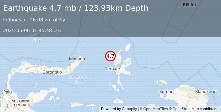 Earthquake 85 km W of Tobelo, Indonesia (4.7 mb) (2025-05-06 01:45:48 UTC)