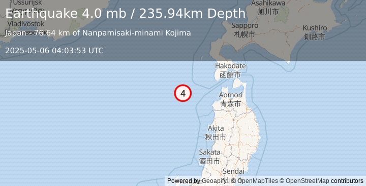 Earthquake 113 km WNW of Fukaura, Japan (4.0 mb) (2025-05-06 04:03:53 UTC)
