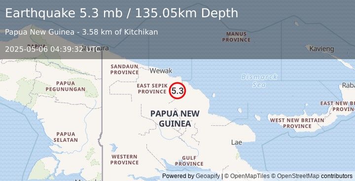 Earthquake 53 km SE of Angoram, Papua New Guinea (5.3 mb) (2025-05-06 04:39:32 UTC)