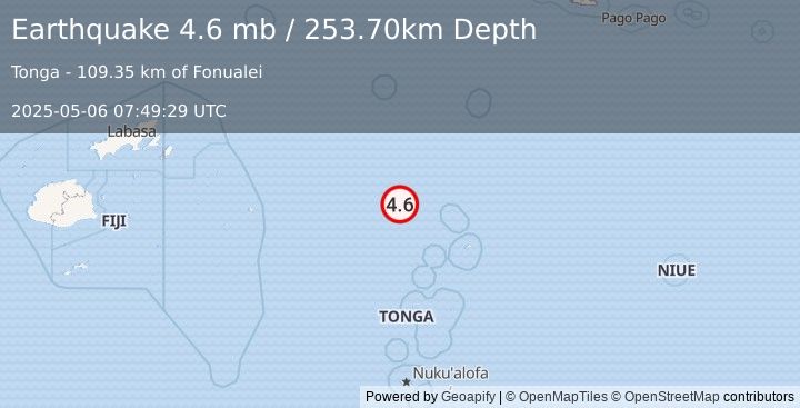 Earthquake 169 km WNW of Neiafu, Tonga (4.6 mb) (2025-05-06 07:49:29 UTC)