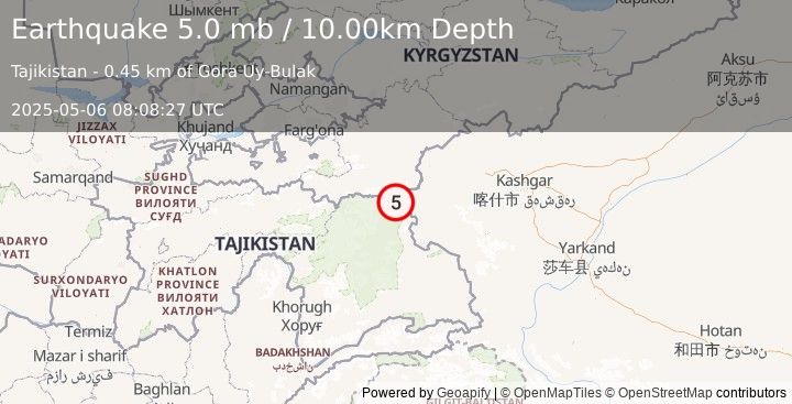 Earthquake 104 km ESE of Kyzyl-Eshme, Kyrgyzstan (5.0 mb) (2025-05-06 08:08:27 UTC)