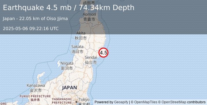 Earthquake 42 km SSE of Ōfunato, Japan (4.5 mb) (2025-05-06 09:22:16 UTC)