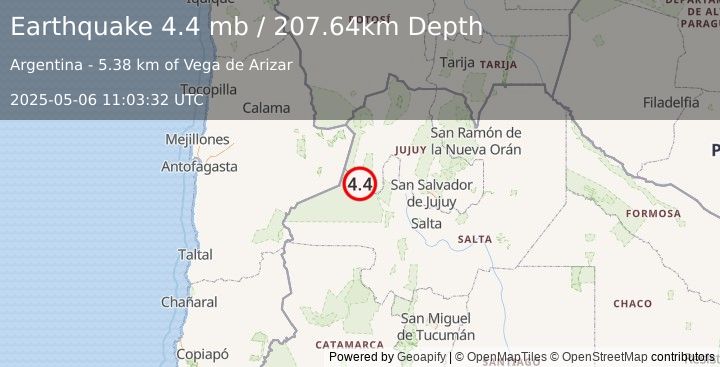Earthquake 61 km WNW of San Antonio de los Cobres, Argentina (4.4 mb) (2025-05-06 11:03:32 UTC)