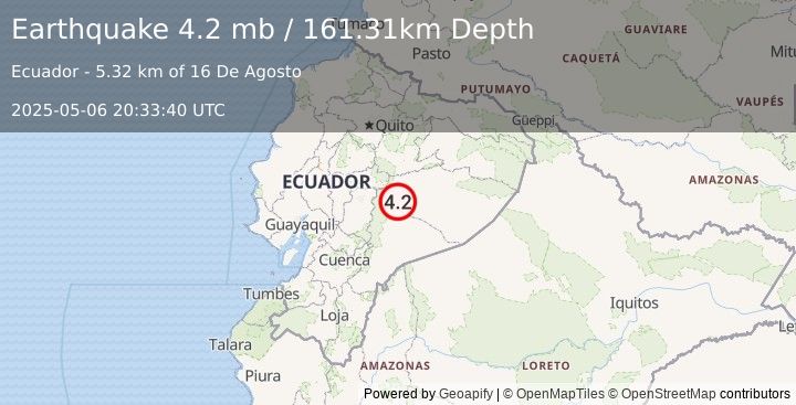Earthquake 7 km SSE of Palora, Ecuador (4.2 mb) (2025-05-06 20:33:40 UTC)