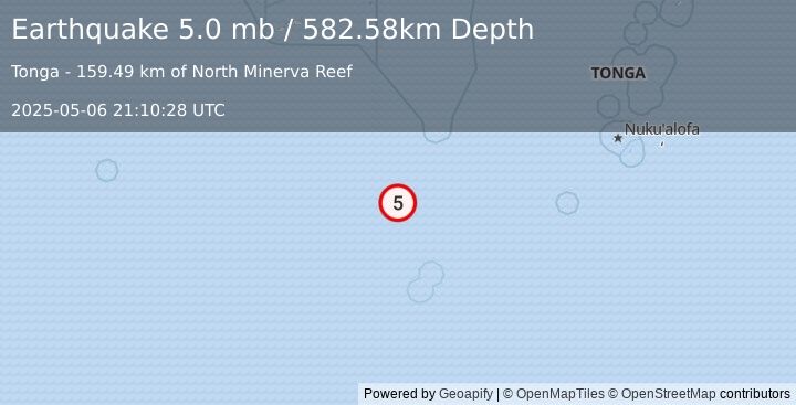 Earthquake south of the Fiji Islands (5.0 mb) (2025-05-06 21:10:28 UTC)