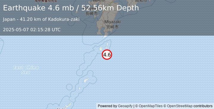 Earthquake 53 km ESE of Koshima, Japan (4.6 mb) (2025-05-07 02:15:28 UTC)