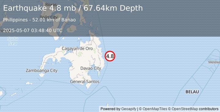 Earthquake 55 km ENE of Kinablangan, Philippines (4.8 mb) (2025-05-07 03:48:40 UTC)