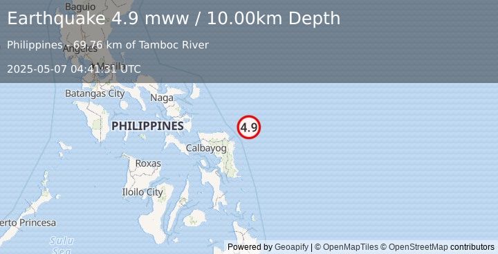 Earthquake 74 km NE of Alugan, Philippines (4.9 mww) (2025-05-07 04:41:31 UTC)