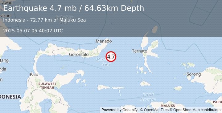 Earthquake 102 km E of Modisi, Indonesia (4.7 mb) (2025-05-07 05:40:02 UTC)