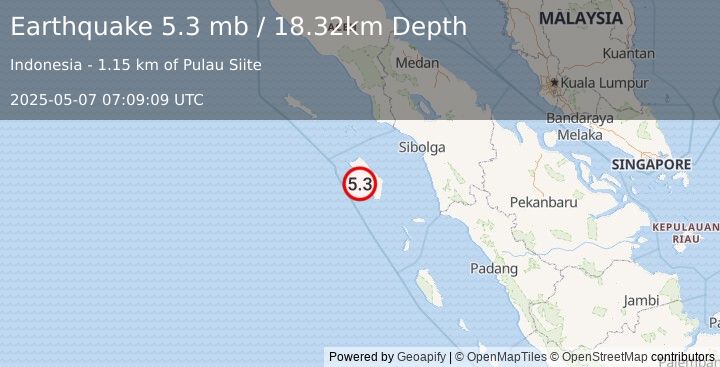 Earthquake 45 km SSW of Gunungsitoli, Indonesia (5.3 mb) (2025-05-07 07:09:09 UTC)