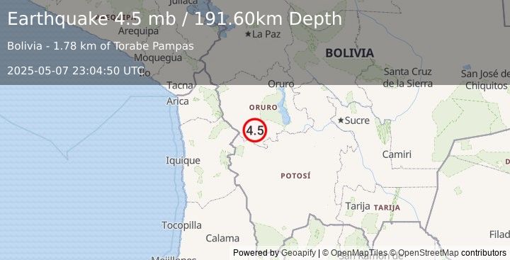 Earthquake 75 km E of Colchane, Chile (4.5 mb) (2025-05-07 23:04:50 UTC)