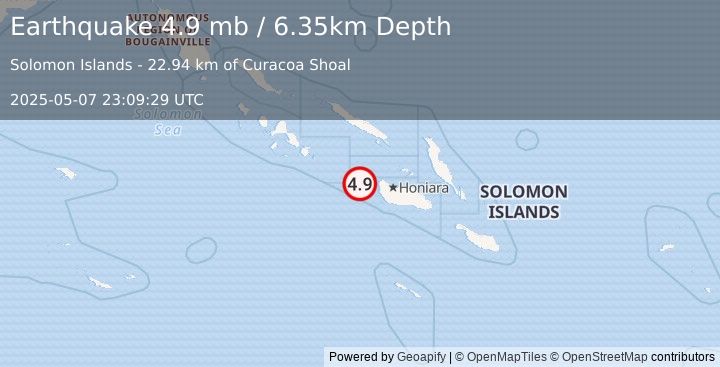 Earthquake 66 km NW of Malango, Solomon Islands (4.9 mb) (2025-05-07 23:09:29 UTC)