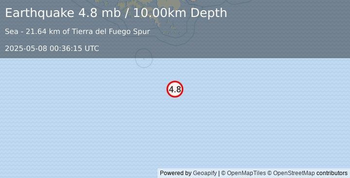Earthquake 278 km SSE of Ushuaia, Argentina (4.8 mb) (2025-05-08 00:36:15 UTC)
