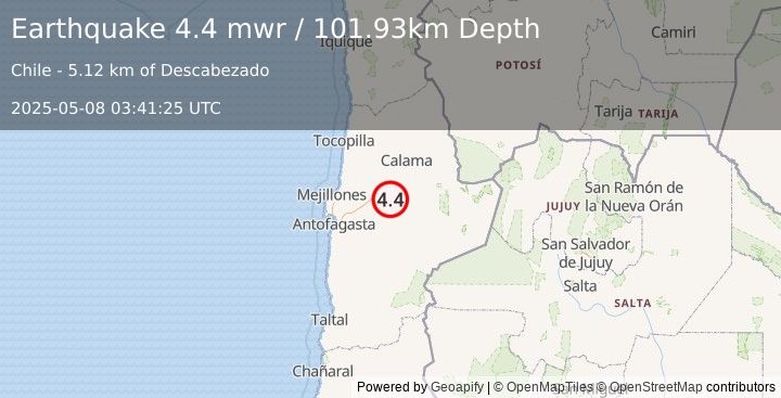 Earthquake 87 km SSW of Calama, Chile (4.4 mwr) (2025-05-08 03:41:25 UTC)