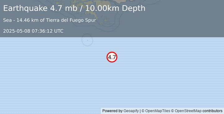 Earthquake 273 km SSE of Ushuaia, Argentina (4.7 mb) (2025-05-08 07:36:12 UTC)