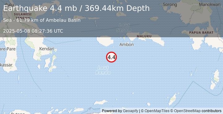 Earthquake 154 km SW of Ambon, Indonesia (4.4 mb) (2025-05-08 08:27:36 UTC)