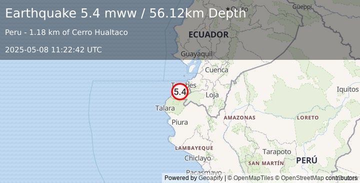 Earthquake 10 km NNE of Cañaveral, Peru (5.4 mww) (2025-05-08 11:22:42 UTC)