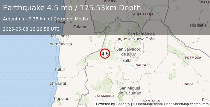 Earthquake 76 km W of San Antonio de los Cobres, Argentina (4.5 mb) (2025-05-08 16:16:58 UTC)