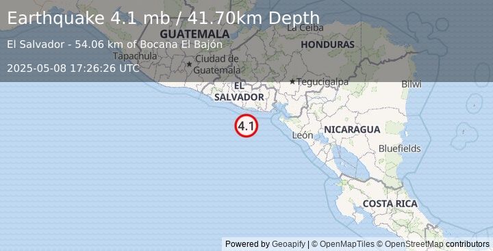 Earthquake 63 km SSW of Puerto El Triunfo, El Salvador (4.1 mb) (2025-05-08 17:26:26 UTC)